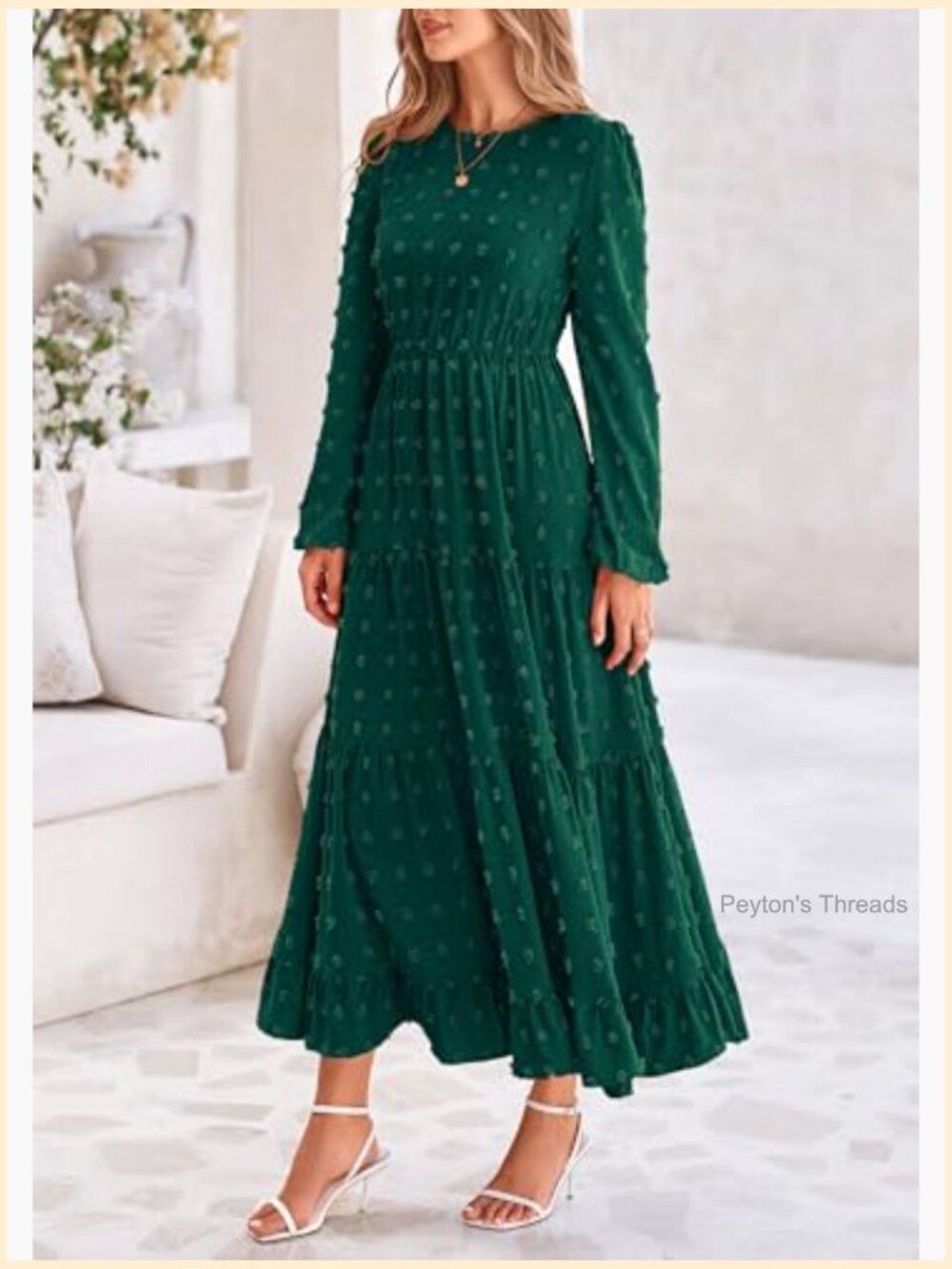 Elegant Long Sleeve Maxi Dress Swiss Dot A-Line Flowy Casual Holiday Party Dress - Picture 6 of 7